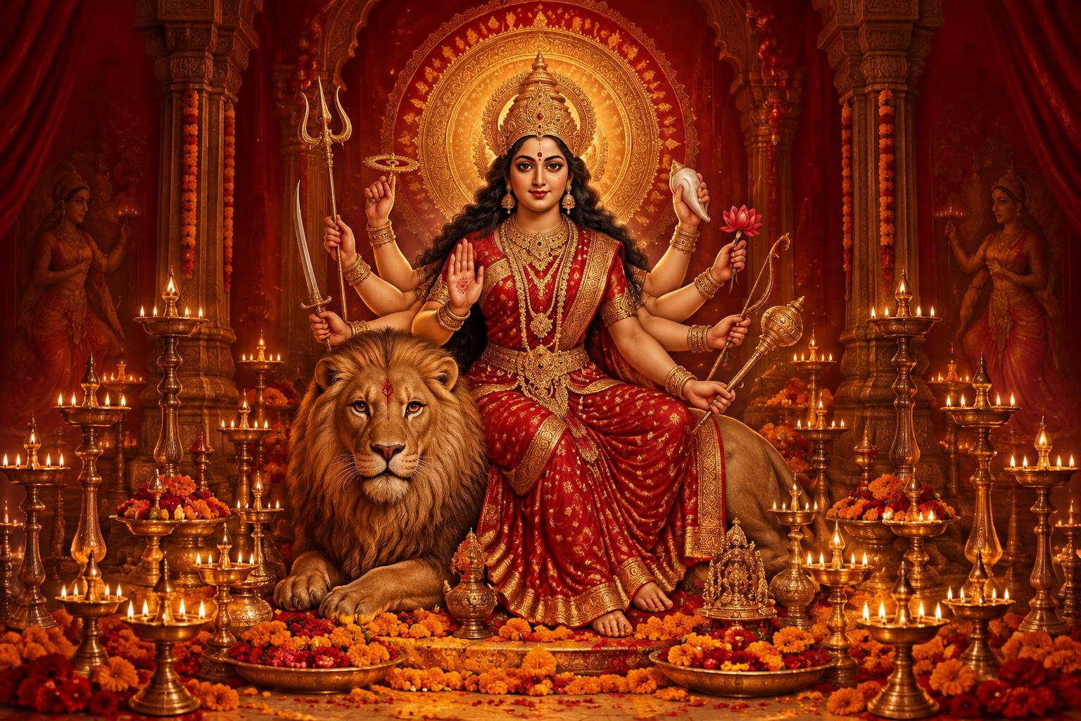 Goddess Durga with her lion surrounded by diyas and marigolds